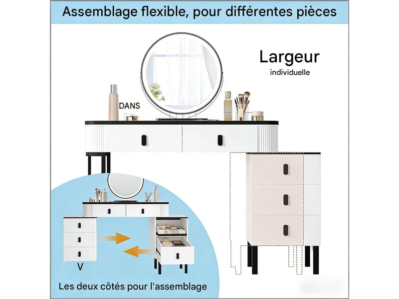  Coiffeuse avec miroir led 5 tiroirs noir et blanc 100 x 40 x 125 cm  - Conforama E