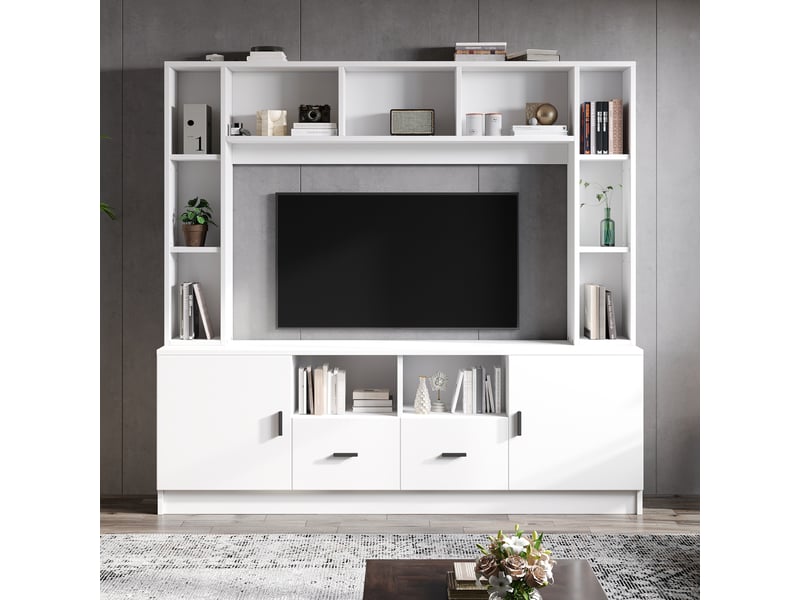  Ensemble meuble tv mural avec vitrine et étagères pour écran jusqu'à 60 pouces, 180cm, blanc  - Conforama E