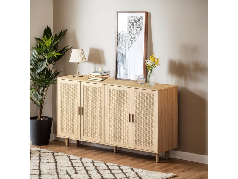 Buffet de rangement 4 portes décor rotin 158x40x88 cm naturel - Conforama B