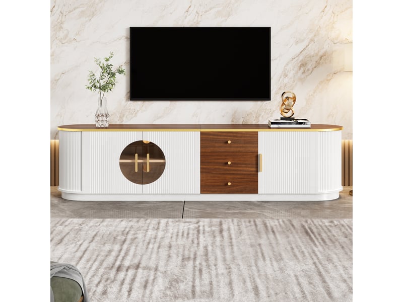  Meuble tv avec 3 tiroirs, 3 portes, passe-câbles, mdf blanc et verre brun, pour salon, 180x40x46 cm  - Conforama D