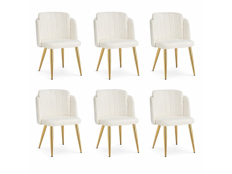  Lot de 6 chaises de salle à manger rembourrées blanches, dossier enveloppant incurvé, pieds métal doré, patins réglables, charge 125 kg  - Conforama A