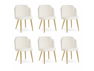 Lot de 6 chaises de salle à manger rembourrées blanches, dossier enveloppant incurvé, pieds métal doré, patins réglables, charge 125 kg