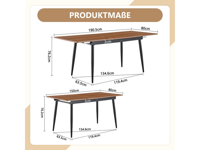 Table à manger, 190,5150 cm, forme rectangulaire, pour 6 à 8 personnes, en effet bois et métal, style industriel, pour usage quotidien - Conforama W