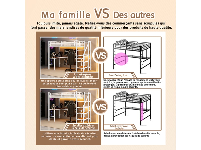 Lit mezzanine lit simple 90x190 cm en fer avec bureau en l, escalier de rangement, étagères et barrière, blanc - Conforama E