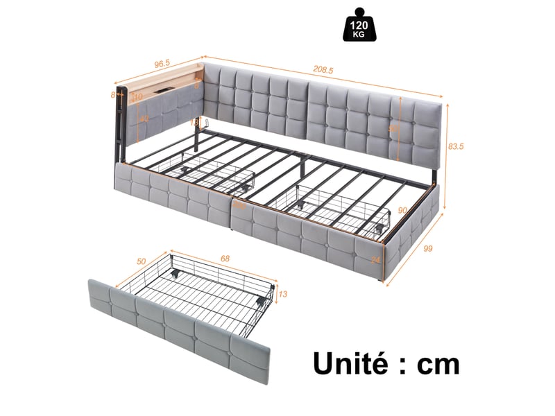 Canapé convertible lit simple avec 2 tiroirs, éclairage à couleurs variables et ports de charge, tissu gris - Conforama D