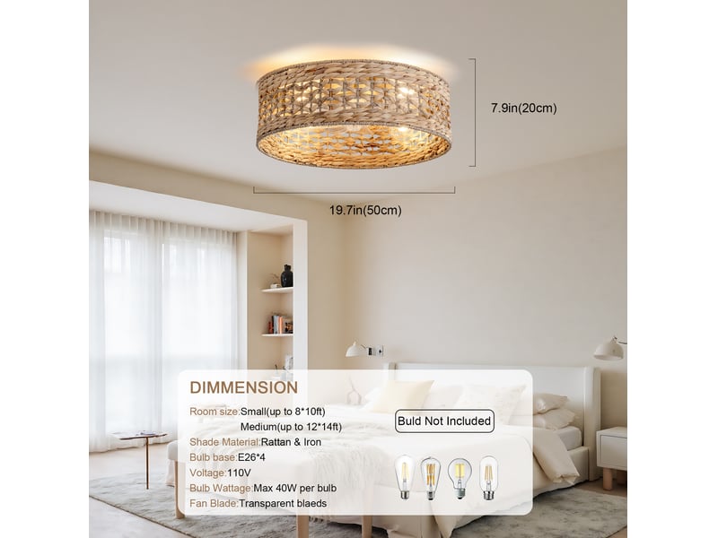  Ventilateur de plafond 50x50 cm avec éclairage, rotin cuivre et 6 vitesses  - Conforama C
