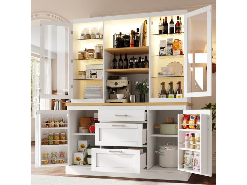 Buffet de cuisine moderne 140x40x185cm, armoire de rangement avec led, 3 tiroirs et 4 portes, plan de travail, mdf blanc  - Conforama W