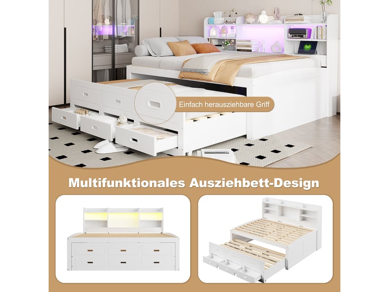  Lit banquette blanc 140x200 cm avec lit gigogne - led, 3 tiroirs et ports usbtype-c  - Conforama E
