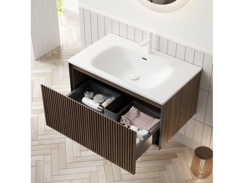  Meuble sous vasque mural avec 1 tiroir, vasque en résine blanche effet chêne brun pour salle de bain 80 × 46 × 41,8 cm  - Conforama D