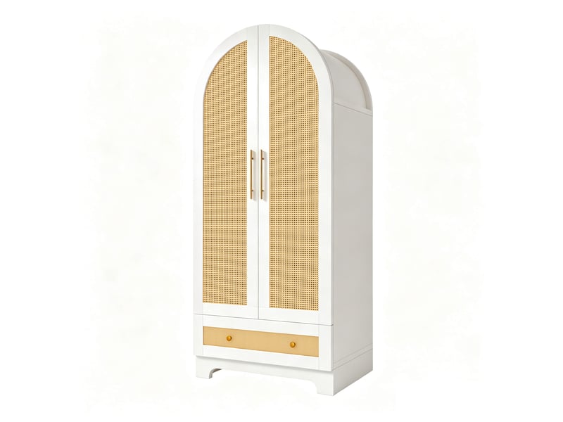 Armoire avec 2 portes, 2 tiroirs et grande niche, portes effet rotin, pour chambre, bois blanc, 70 × 55 × 170 cm - Conforama A
