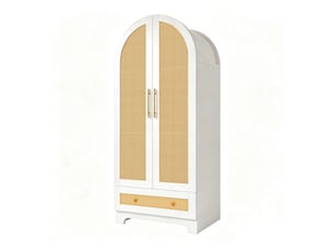 Armoire avec 2 portes, 2 tiroirs et grande niche, portes effet rotin, pour chambre, bois blanc, 70 × 55 × 170 cm