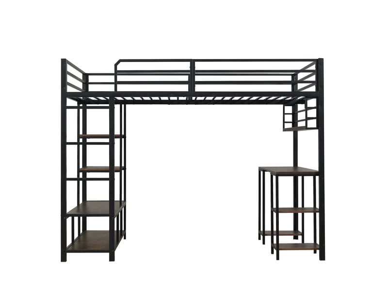  Lit mezzanine 120x200 cm avec bureau et étagères intégrés, lit surélevé pour chambre enfant et adolescent, avec échelle à 4 marches, noir  - Conforama D