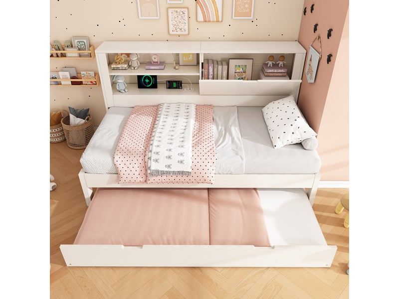Canapé-lit 90x190cm - avec lit gigogne - avec usbtype-c - avec 1 porte et compartiment de rangement - blanc (matelas non inclus) - Conforama D