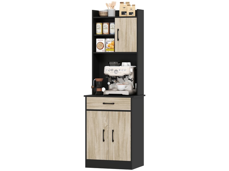  Buffet de cuisine haut, meuble de cuisine, tiroir, 3 portes, étagères ouvertes, plan de travail, 60 x 40 x 180 cm, bois naturel  - Conforama B