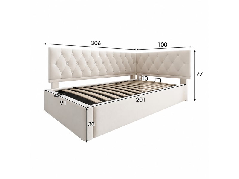  Lit banquette 90x200cm avec coffre et sommier relevable, métal + velours, beige  - Conforama C