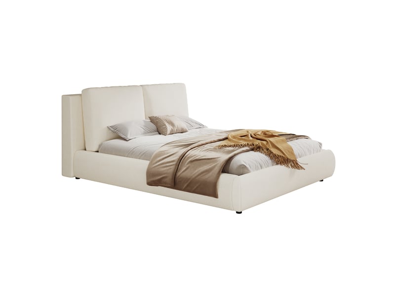  Lit double 180 x 200 cm beige bouclé avec sommier à lattes et tête de lit rembourrée  - Conforama A