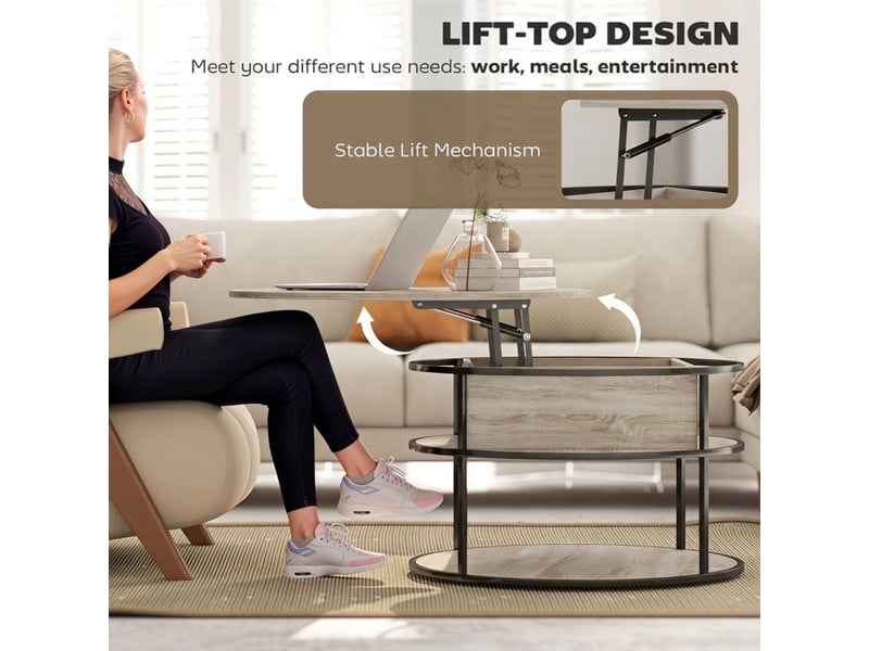  Table basse relevable table basse rangement intégré plateau relevable étagères latérales cadre en acier finition chêne plateau rond  - Conforama D