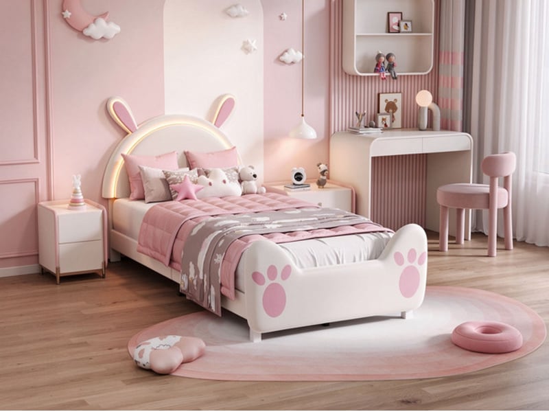  Lit enfant 90x200 cm ezssw, coloris crème et rose  - Conforama B