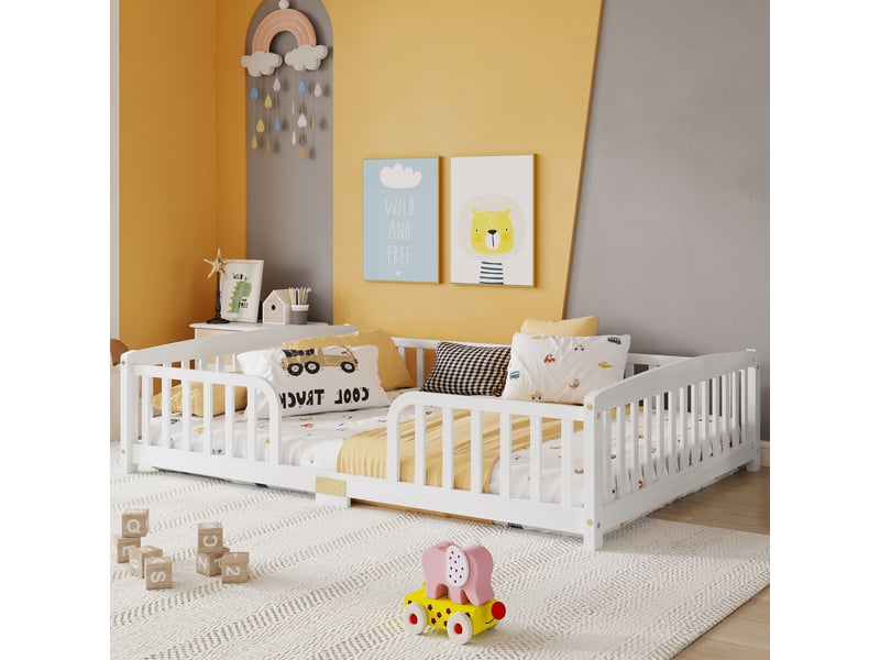  Lit enfant 140×200 cm avec barrières et ouverture centrale - okmyhome- bois de pin, sans matelas, blanc  - Conforama C