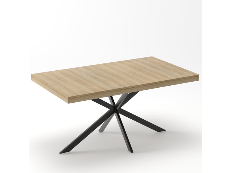  Table à manger extensible 140-180 x 80 cm avec rangement dissimulé, plateau mdf effet bois naturel, pieds métal noir en x, 4 à 6 places  - Conforama D