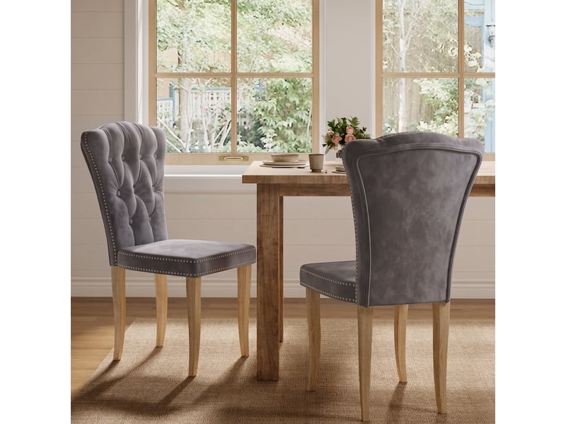  Lot de 2 chaises salle à manger,chaises de cuisine, dossier clouté,pieds en bois,rembourrée,50x47x99 cm,velours,gris  - Conforama B