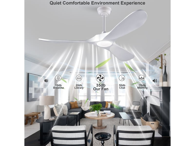 Ventilateur de plafond 132 cm éclairage led dimmable 3 pales bois massif blanc réversible 6 vitesses télécommande - Conforama D