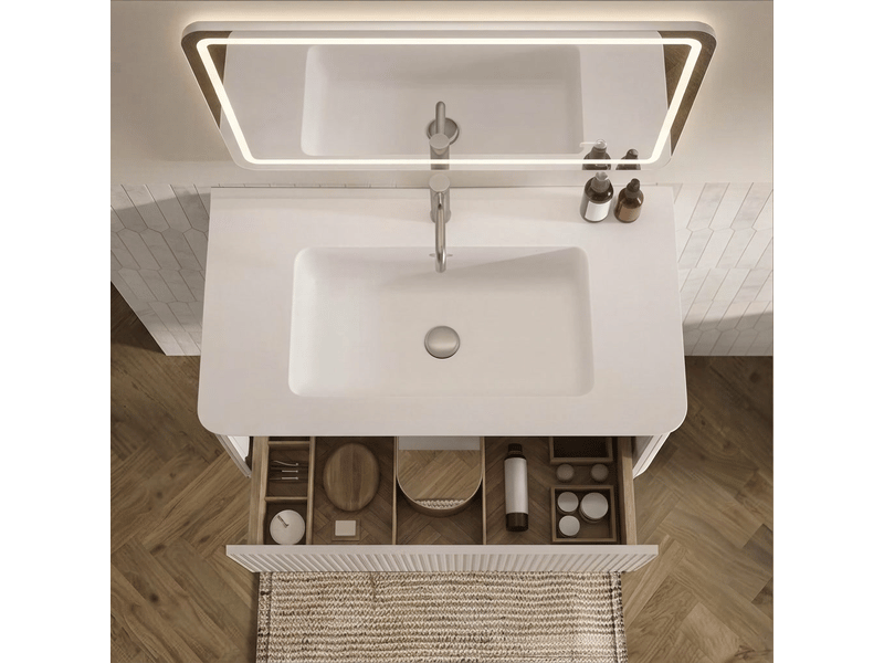 Ensemble meuble vasque blanc suspendu 80 cm avec miroir led - Conforama C