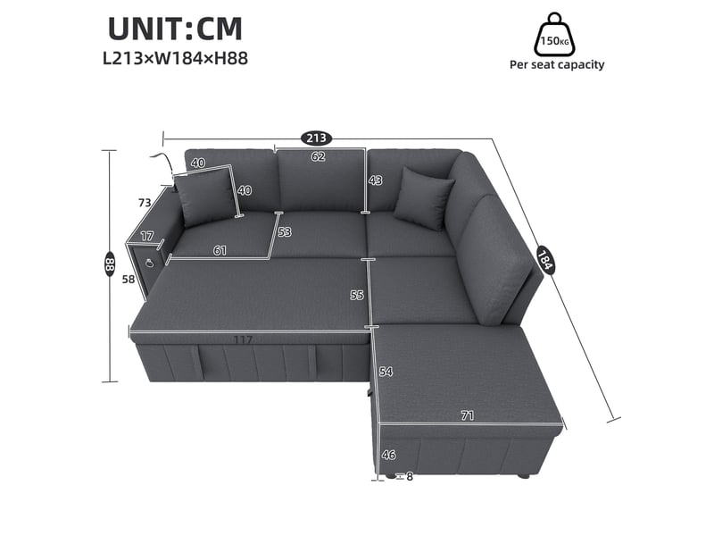 Canapé d'angle convertible 5 places 213x184x88 cm modulable bois métal gris  - Conforama E