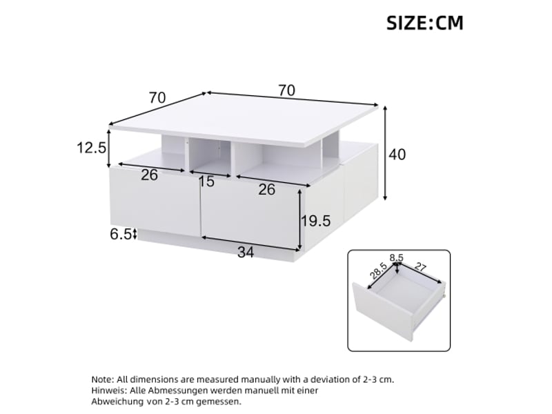  Table basse blanche laquée 70x70x40 cm avec led, 4 tiroirs, design géométrique, capacité de charge 30 kg  - Conforama C