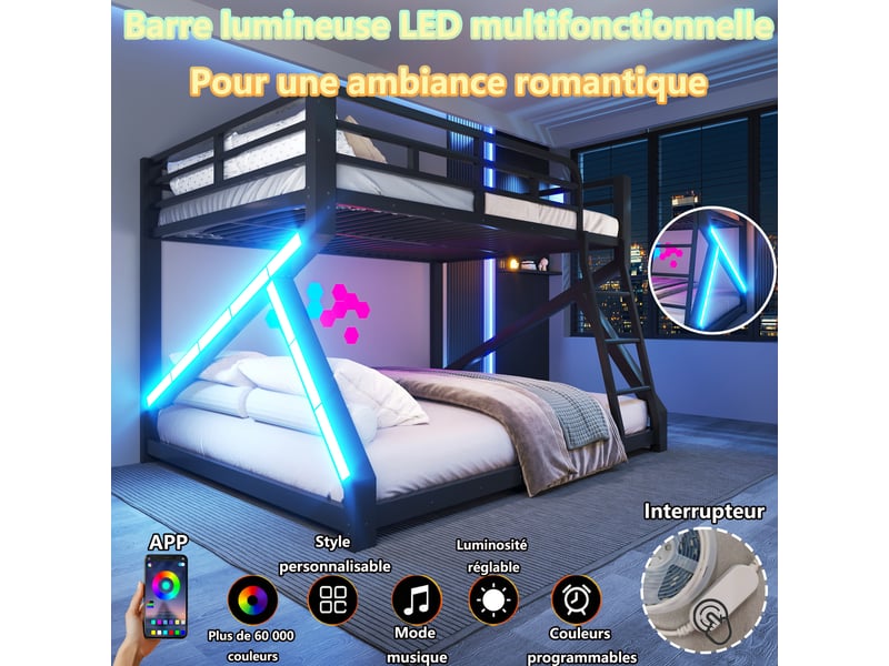  Lit superposé 140x200 et 160x200 cm, éclairage led, échelle et barrières de protection, métal, noir OMNIGLINT TRADING LTD - Conforama E