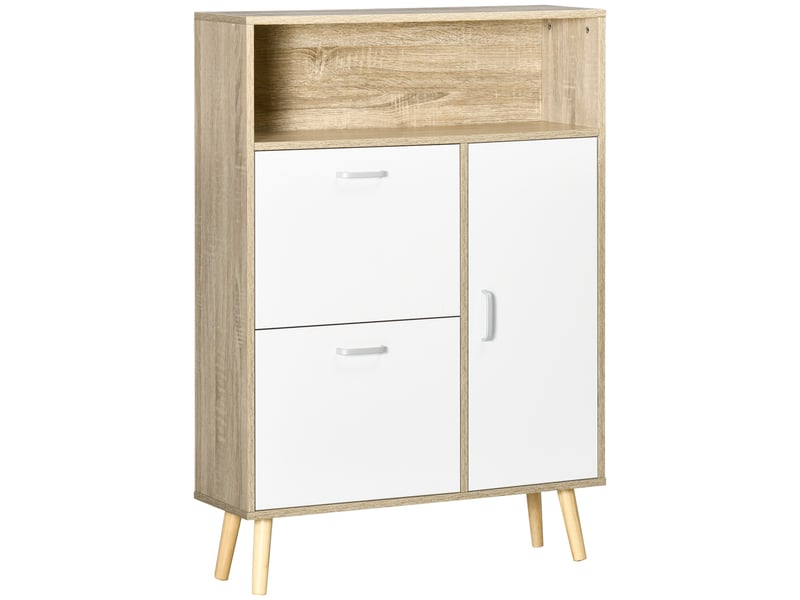  Meuble à chaussures pour 8 paires avec 2 tiroirs abattants, penderie et étagère, 80 x 25,5 x 112,5 cm, naturel et blanc  - Conforama A