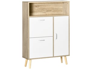 Meuble à chaussures pour 8 paires avec 2 tiroirs abattants, penderie et étagère, 80 x 25,5 x 112,5 cm, naturel et blanc