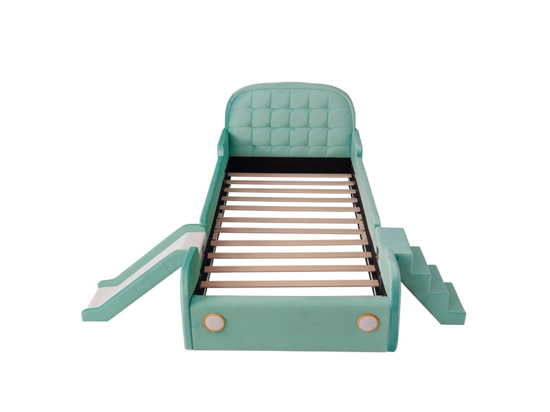  Lit enfant voiture 90x200 cm bleu-vert, toboggan, escalier réversible et protection  - Conforama A