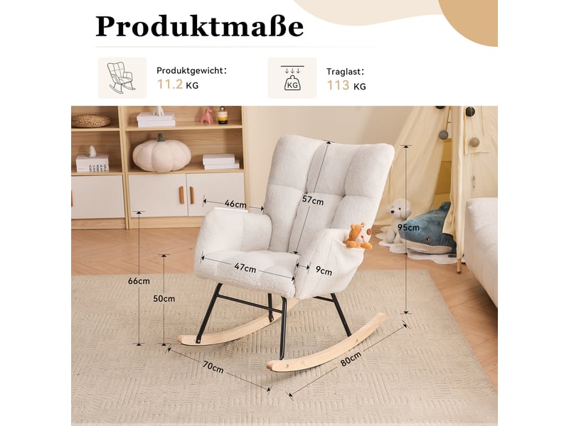  Fauteuil à bascule mid-century en tissu teddy capitonné, démontable, blanc  - Conforama C
