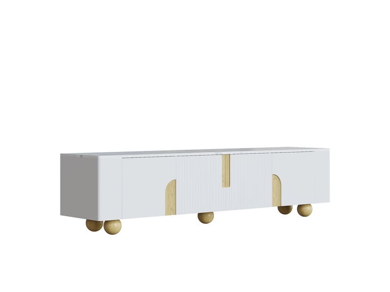  Meuble tv blanc 180 cm, 4 portes, surface effet marbre, pieds en bois boule, blanc et bois  - Conforama A