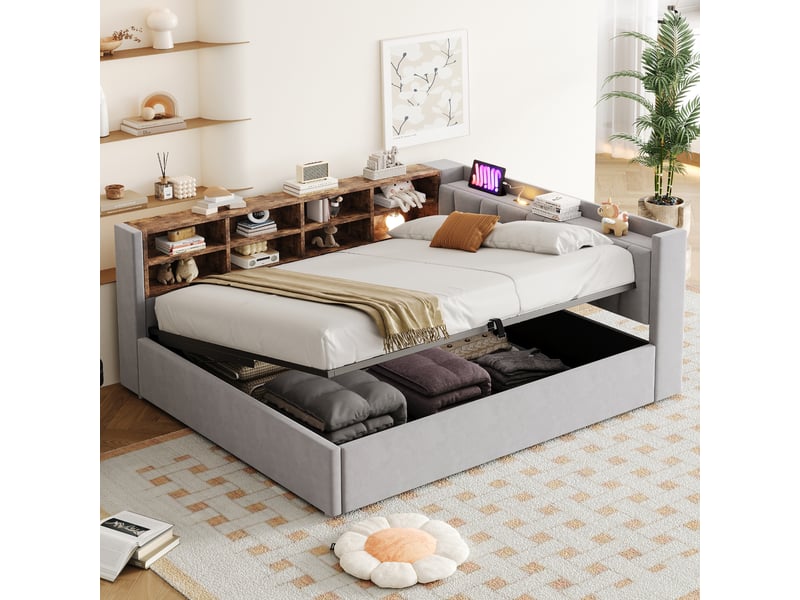 Canapé-lit 140*200 cm avec rangement hydraulique, veilleuse, usb et type-c, étagères, velours gris clair  - Conforama E