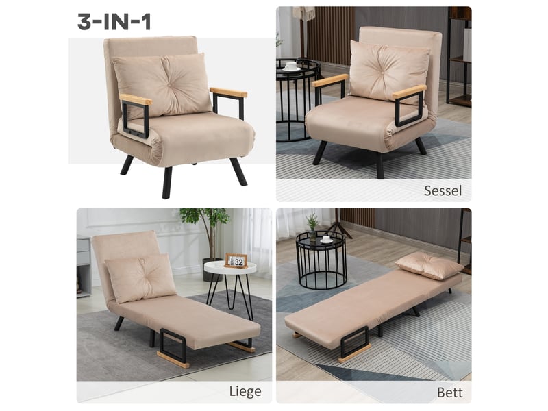 Fauteuil convertible beige en polyester, dossier 5 positions, lit d’appoint 185 cm avec coussin pour salon - Conforama B