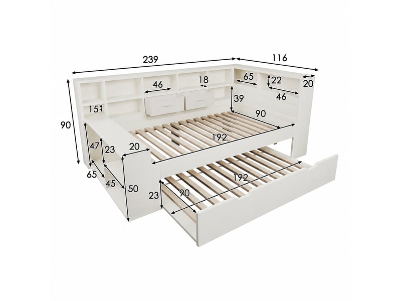 Lit gigogne 90x190 cm avec rangements et prises usb, bois blanc - Conforama C