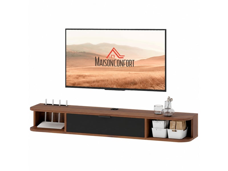  Meuble tv suspendu effet noyer pour tv jusqu'à 50 pouces, abattant, 2 étagères, 120 x 24 x 16 cm  - Conforama A