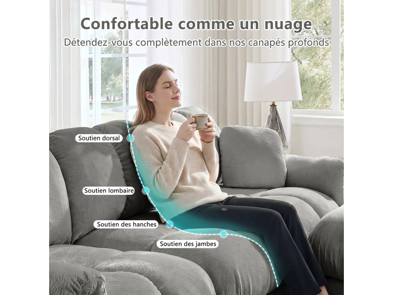  Canapé d'angle 3 places avec méridienne mobile chenille 260 x 149 x 90 cm gris clair moelleux  - Conforama D