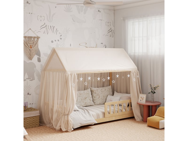 Lit cabane enfant en bois avec barrières de sécurité, pin naturel, 90x190 cm - Conforama R