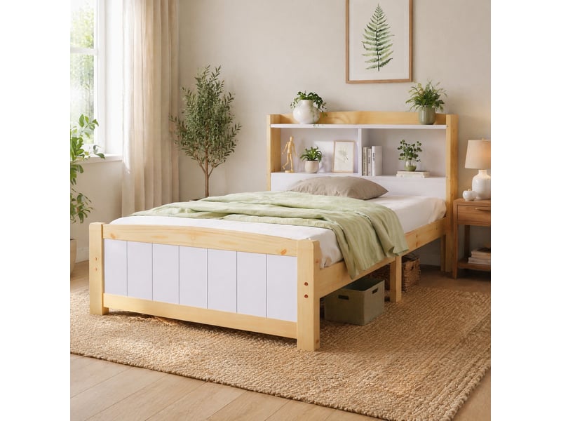  Lit simple 90x200 cm avec tête de lit de rangement et sommier à lattes, bois+mdf, naturel et blanc sans matelas  - Conforama B