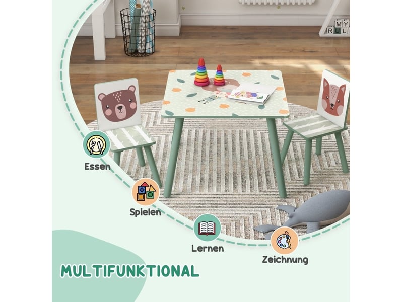  Table et 2 chaises pour enfants, ensemble pour enfants avec 1 table et 2 chaises, motif félins mignon, ensemble pour enfants 3-8 ans, vert  - Conforama D