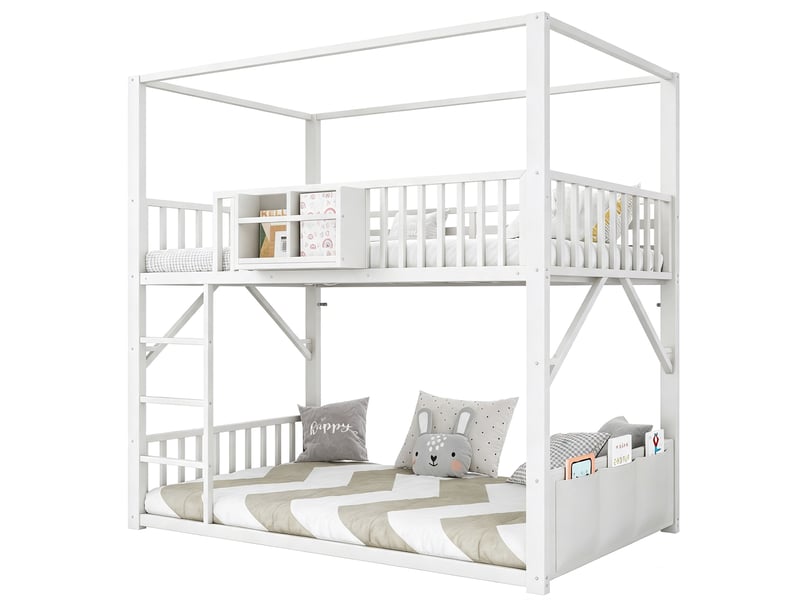  Lit superposé enfant 90x200 cm en métal avec toit, étagère et poche latérale, barrière de sécurité, blanc.  - Conforama A