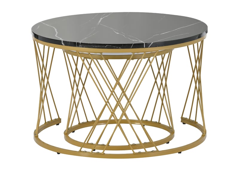  Ensemble de 2 tables basses gigognes modernes, en placage marbre, style gigogne, rondes, avec cadre doré.  - Conforama D