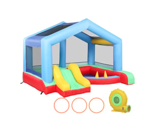 Château gonflable 4 en 1, aire de jeux avec souffleur, toboggan, piscine à balles, jeu de lancer d'anneaux, multicolore
