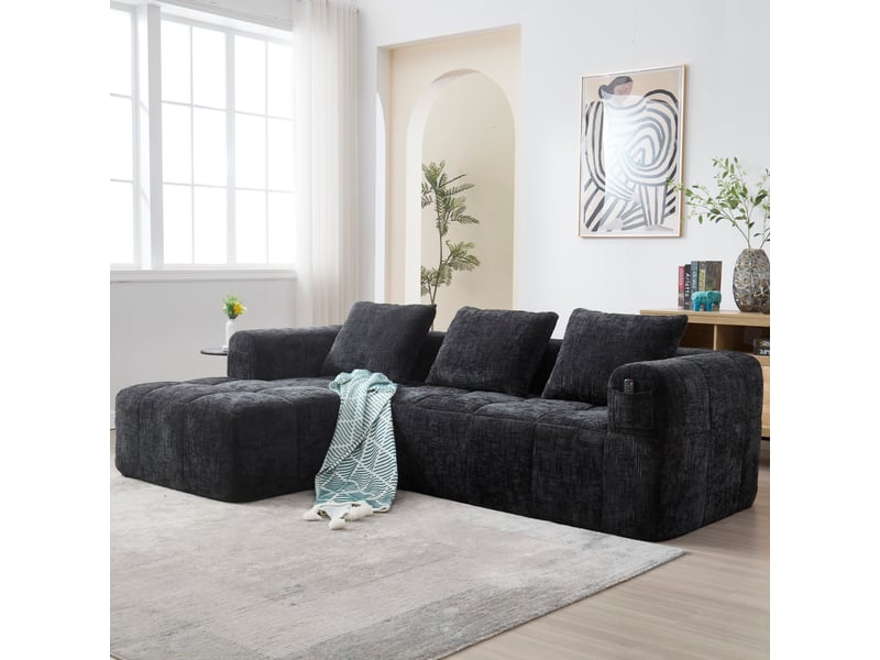 Canapé d'angle, canapé 3 places – en chenille, poches latérales, avec méridienne, noir, sans montage, avec accoudoirs - Conforama C