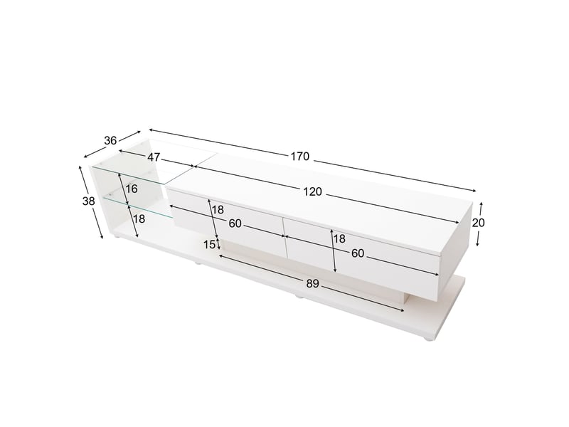 Meuble tv, blanc laqué brillant, 2 tiroirs, led d'ambiance, miroir intégré, design moderne et élégant pour salon - Conforama C