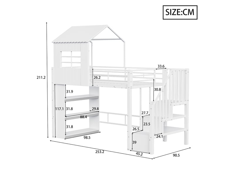 Lit mezzanine blanc 90x200 cm – design moderne, garde-corps haut, étagères intégrées, escalier montable (droitegauche)  - Conforama C