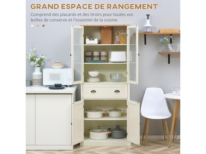  Buffet meuble de cuisine haut 4 portes 1 tiroir armoire de rangement vitrine étagères réglables 182,5 cm beige  - Conforama E